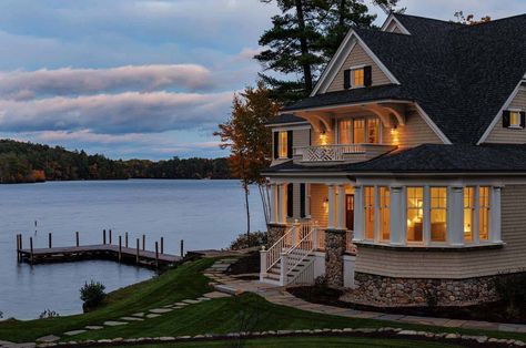 Dreamy lake house in New Hampshire nestled on the water’s edge House On Lake Dream Homes, Home On The Water, Houses By The Water, New England Lake House, House By A Lake, New Hampshire Homes, Houses On The Water, House Near Water, Lake House Exterior