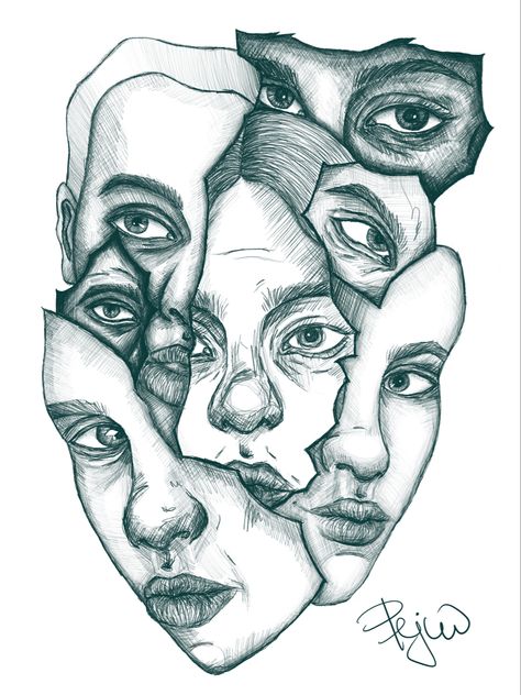 Portraits Art Gcse, Fragments Art Gcse, Fragmented Faces, Distortion Art Drawing, Entwined Art, Fragment Art, Distortion Art, Faces Drawing, Self Portrait Drawing