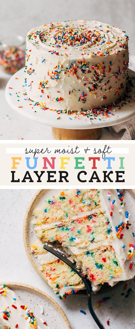 This is the BEST funfetti cake recipe! It's super moist, soft, and loaded with vanilla and sprinkles. It's smothered in a simple American buttercream to make a perfect classic birthday cake. #funfetti #birthdaycake #funfetticake #layercake #butternutbakery | butternutbakeryblog.com 3 Layer Funfetti Cake, Funfetti Pinata Cake, Fingertips Cake Recipe, Birthday Cake Birthday Cake, The Best Funfetti Cake Recipe, 4 Layer Cake Birthday, Apple Crumble Birthday Cake, Making A Birthday Cake At Home, Gourmet Bundt Cakes