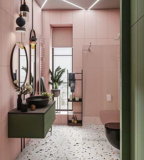 Flamingo Bathroom, Bathroom Design Decor, Bathroom Inspiration Decor, Apartment Bathroom, Pink Bathroom, Green Bathroom, Bathroom Colors, House Bathroom, Bathroom Makeover