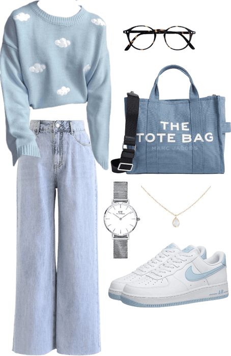 Blue Hour Outfit Inspired, Ice Blue Jeans Outfit, Light Blue Jeans Outfit Aesthetic, Bea Outfits, Blue Outfits Aesthetic, Cute Blue Outfits, Cheengu Blue, Gold And White Outfit, Uni Clothes