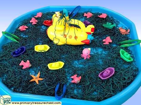 Sea Themed Tuff Tray, Spaghetti Tuff Tray, Under The Sea Tuff Tray Ideas, Shaving Foam Tuff Tray, Sea Transportation Preschool Activities, Under The Sea Messy Play, Under The Sea Tuff Tray, Sea Life Activities, Seaside Eyfs