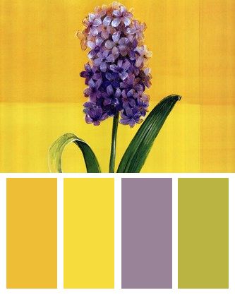 Lemon yellow, Mustard, Lilac & Green Color Palette Purple Color Schemes, Purple Color Palettes, Yellow Colour Scheme, Color Palette Yellow, Green Palette, Green Colour Palette, Design Seeds, Colour Field, Lilac Color