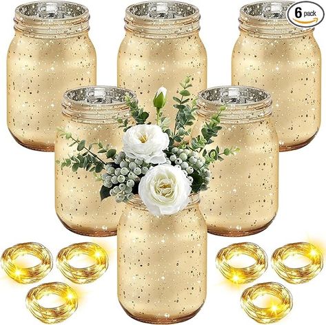 Amazon.com: Layhit 6 Pcs Painted Mason Jars Colored Painted Mason Jars Decorative Mason Jars Centerpiece for Table Glass Decorative Jar with 6 Pcs 9.84 ft 30 LED Battery Operated Fairy Lights for Wedding (Gold) : Home & Kitchen Fairy Lights For Wedding, Decorative Mason Jars, Lights For Wedding, Centerpiece For Table, Gold Jars, Solar Mason Jars, Table Centerpieces For Home, Gold Wedding Favors, Table Centerpiece Decorations