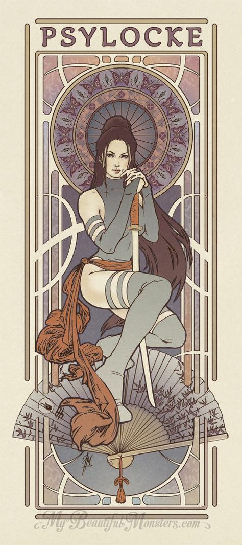 Psylocke Art, Bd Art, Alfons Mucha, Art Nouveau Illustration, Art Nouveau Poster, Deviant Art, Geek Art, Art Nouveau Design, Marvel Comics Art