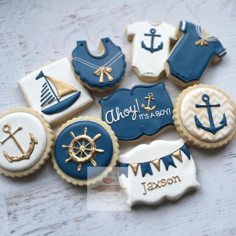 Nautical baby in navy & gold 💙 #nautical #nauticalbabyshower #natsweets #customcookies #sandiego #navyandgold Baby Shower Cookies For Boy, Nautical Food, Fishing Cakes, Anchor Cookies, Vintage Baby Shower Boy, Baby Shower Ideas For Boys, Gold Cookies, Ideas For Baby Shower, Airplane Baby