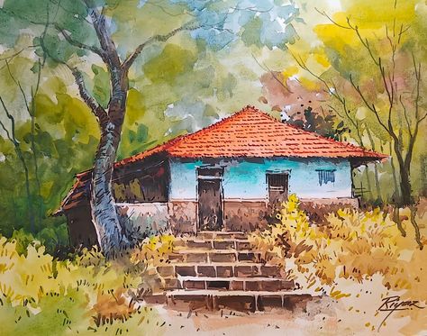 Village Scene Drawing, Loose Painting, Buddhism Wallpaper, Embroidered Canvas Art, Village Landscape, Watercolor Art Face, Watercolor Scenery, Composition Painting, Watercolor Art Landscape