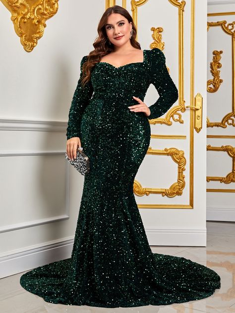 Dark Green  Collar Long Sleeve Sequins Plain Bodycon Embellished Medium Stretch  Weddings & Events Blue Plus Size Dresses, Cocktail Dress Maternity, Sequin Mermaid Dress, Plus Size Lace Dress, Plus Size Sequin Dresses, Gigot Sleeve, Maternity Evening Dress, Maternity Bridesmaid Dresses, Aurora Dress