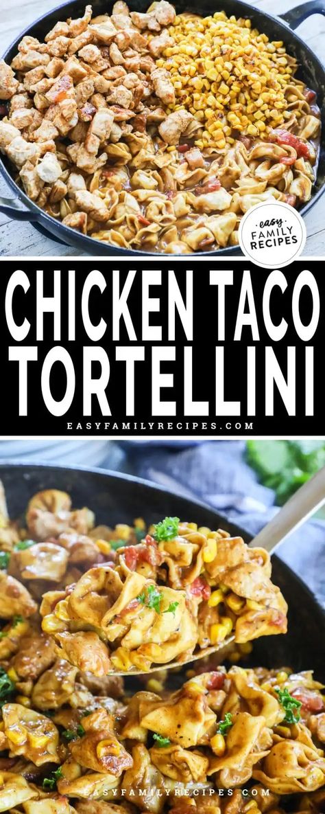 YUM! This easy one skillet dinner is perfect for busy weeknights! Chicken Taco Tortellini brings all the flavor of tacos and locks it in a creamy sauce flavored with taco seasoning. Tender chicken, delicious tortellini, charred corn, zesty tomatoes with green chiles, and creamy alfredo sauce seasoned with taco seasoning. With only a few ingredients this easy skillet dinner comes together in as little as 30 minutes! With all the flavor of tacos, creamy sauce and tortellini this easy chicken breas Tortellini Chicken Ceasar, Mexican Tortellini Recipes, Tortellini Recipes With Chicken, Chicken And Tortellini Recipes, Mexican Tortellini, Healthy Tortellini Recipes, Taco Tortellini, Tortellini Skillet, Easy Dinner Recipes For Family