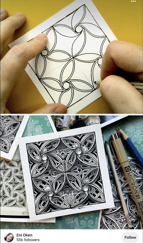 Gothic Tracery, Eni Oken, Zentangle Flowers, Optical Illusion Drawing, Zen Doodle Patterns, Zentangle Tutorial, Zentangle Artwork, Zen Doodle Art, Zentangle Designs