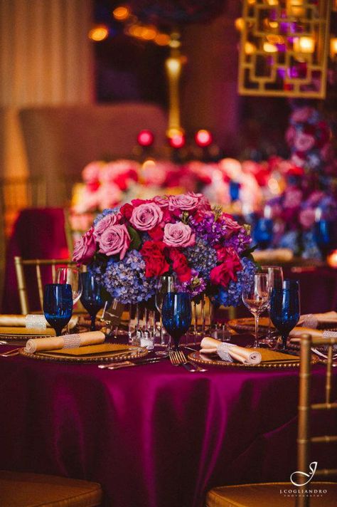 Navy Blue And Fuschia Wedding Centerpieces, Jewel Tone Birthday Party Decor, Indigo Wedding, Sailor Moon Wedding, Wedding Theme Color Schemes, Wedding Card Design Indian, Bloom Photography, Wedding Reception Design, Dinner Party Decorations