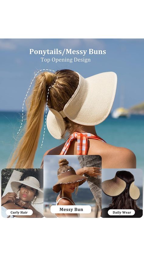 Sun Visor Hat Messy Bun Curly Hair, Hair Up In A Bun, Doing Chores, Summer Hats Beach, Sun Visor Hat, Yard Work, Sun Damage, Visor Hats, Beach Hat