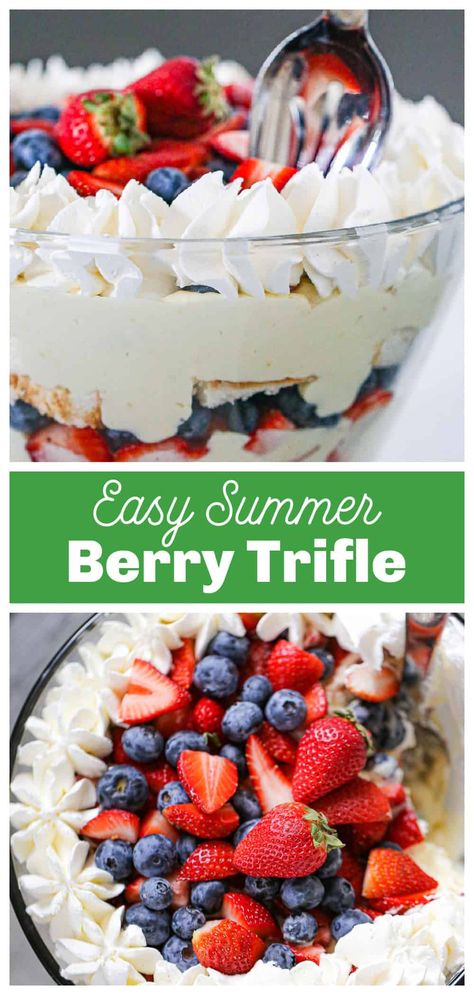 Impress your guests with our fancy Berry Trifle recipe! This no-bake summer dessert is both easy to make and looks inviting with its layers of fluffy angel food cake, creamy pudding, fresh berries, and whipped cream. Perfect for parties and holidays, this berry trifle recipe is sure to be a crowd-pleaser. The combination of light and airy cake, tangy berries, sweet whipped cream is the ultimate summer treat. Try this berry trifle recipe today and add a touch of elegance to your next gathering! Margarita Cupcakes, Berry Trifle, Dessert Oreo, Trifle Dish, Trifle Desserts, Dessert Aux Fruits, Desserts Vegan, Trifle Recipe, Lady Fingers