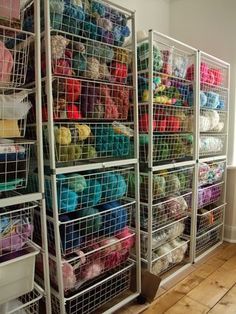 a smaller version of this would be perfect for my mom and helping her organize her yarn -- found out that this is the Antonius system from Ikea: http://www.ikea.com/us/en/catalog/products/S19876454/ Yarn Shelf Storage Diy, Ikea Antonius, Organizing Yarn, Organize Yarn, Yarn Room, Crochet Room, Weaving Studio, Knitting Room, Yarn Collection