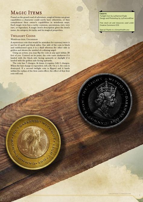 [Magic Item|Illustration] The Twilight Coin by /u/Daimon5hade Item Illustration, 5e Monsters, Dungeons And Dragons Rules, Magic Coins, Dungeons And Dragons Races, Dungeon Master's Guide, D D Items, Dungeons And Dragons Classes, Dnd Dragons