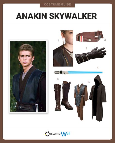 The best costume guide for dressing up like the young Jedi, Anakin Skywalker, who is played by Hayden Christensen in Revenge of the Sith. Ray Skywalker Costume, Anikan Skywalker Costume Diy, Anakin Skywalker Inspired Outfit, Padme And Anakin Costume Diy, Anakin Costume Diy, Sims 4 Cc Anakin Skywalker, Diy Anakin Skywalker Costume, Anakin Skywalker Costume Girl, Anakin Skywalker Halloween Costume