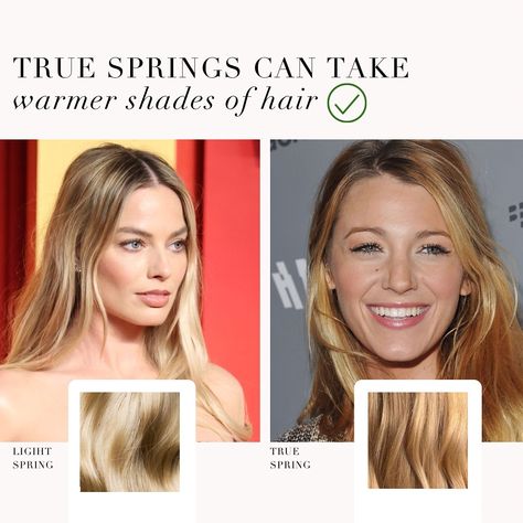 Light Spring VS True Spring comparison 🤍 . #coloranalysis #colouranalysis #lightspring #truespring #warmspring #margotrobbie #blakelively #coloranalyst Clear Spring Blonde Hair, True Spring Hair, True Spring Hair Color, True Spring Color Palette, Season Analysis, True Spring Colors, Colour Season, True Spring, Colour Analysis