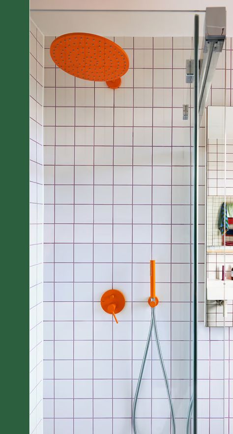 Bright Tiled Bathroom, Bathroom Coloured Grout, Painted Door Trim Interior, Colorful Grout Bathroom, Orange Grout Bathroom, The Idol House, 70s Bathroom Ideas, Coloured Grout Bathroom, Fun Tile Bathroom