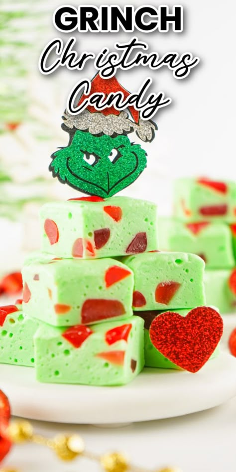 grinch christmas nougat candy on white tray Grinch Fudge Recipe, Grinch Cookie Cake, Grinch Treats For Kids, Grinch Inspired Food, Grinch Christmas Food, The Grinch Cocktail Recipe, Christmas Candy Ideas, Christmas Nougat, Grinch Recipes