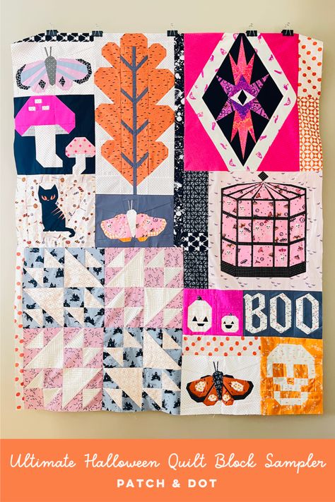 This fall I wanted to sew something fun, something that would use up a good chunk of my stash – both fabric and patterns. Over time I’ve collected a few Halloween block patterns, plus a few that could be Halloween-friendly with the right fabrics, so I decided to make a Halloween quilt block sampler, using designs from a whole bunch of different designers. The complete list of pattern designers is up on the blog ... some of these blocks are part of larger patterns … and some of them are free! Halloween Scrap Quilt, Free Halloween Quilt Block Patterns, Halloween Quilts Ideas, Goth Quilt, Halloween Quilt Blocks, Free Modern Quilt Patterns, Sewing Halloween, Quilt Halloween, Witch Quilt