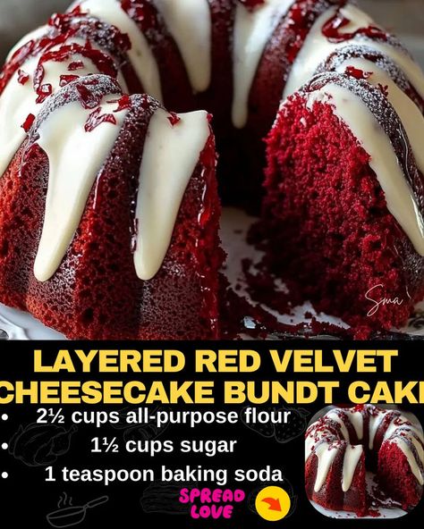 Layered Red Velvet Cheesecake Bundt Cake Cheesecake Bundt Cake, Red Velvet Cheesecake Cake, Red Velvet Bundt Cake, Baked Meatloaf, Mexican Casserole Recipe, Velvet Cheesecake, Eclair Cake, Red Velvet Cheesecake, Types Of Cakes