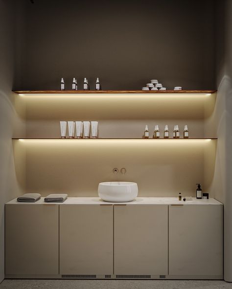 Spa Counter Design, Esthetician Room With Sink, Makeup Counter Aesthetic, Beauty Salon Sink, Esthetician Sink Area, Hair Salon Colour Bar, Black And Gold Salon Interior Design, Backbar Shelving Salon, Spa Coffee Station