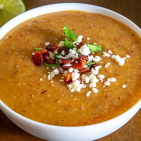 Potato Chipotle Soup (with Bacon!!) | Mexican Please Chipotle Potato Soup, Easy Mexican Soup, Chipotle Soup, Easy Burrito Recipe, Mexican Bean Soup, Mexican Soups, Poblano Soup, Pinto Bean Soup, Mexican Soup Recipes