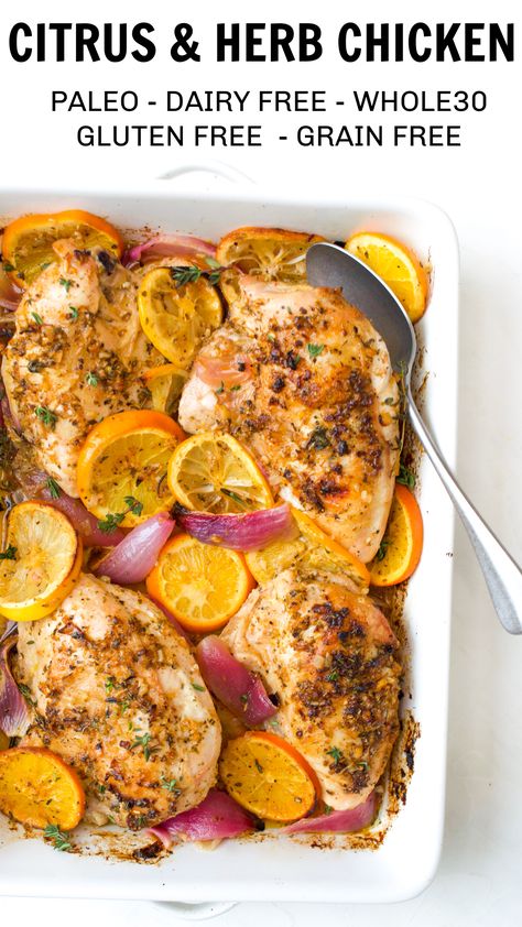 2 tbsp orange juice 1 tbsp lemon juice 1 tsp honey (optional - omit for Whole30) 1 shallot finely diced 4 cloves garlic minced 1/2 tbsp dried oregano 1/2 tsp salt 1/2 tsp pepper 3/4 tsp paprika 4 bone in skin on chicken breasts 2 oranges 1 lemon 4 sprigs fresh thyme 3 sprigs fresh rosemary 1 red onion Citrus Roasted Chicken Whole, Citrus And Herb Chicken, Baked Mango Chicken Recipes, Orange Thyme Chicken, Herbal Chicken Recipes, Citrus Main Dish, Citrus Roasted Chicken, Citrus Baked Chicken, Slow Cooker Citrus Chicken