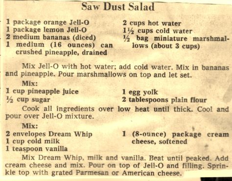 Sawdust Salad Recipe, Sawdust Salad, Jello Dishes, Congealed Salads, Jello Fruit Salads, Bbq Diy, Congealed Salad, Gelatin Salad, Jello Dessert