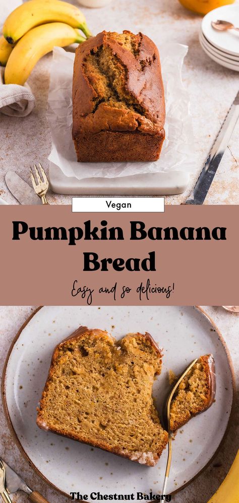 vegan pumpkin banana bread Vegan Pumpkin Spice Bread, Banana Pumpkin Bread Vegan, Pumpkin Banana Muffins Vegan, Vegan Banana Pumpkin Bread, Vegan Fall Food, Banana Recipes Vegan, Vegan Pumpkin Banana Bread, Chaotic Kitchen, Pumpkin Banana Bread Recipe