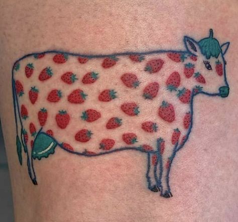 Colored Tattoo Aesthetic, Pink Cow Tattoo, Strawberry Cow Tattoo, Pink Tattoo Aesthetic, Cute Strawberry Tattoo, Strawberry Tattoo Design, Small Color Tattoo, Teapot Tattoo, Dr Tattoo