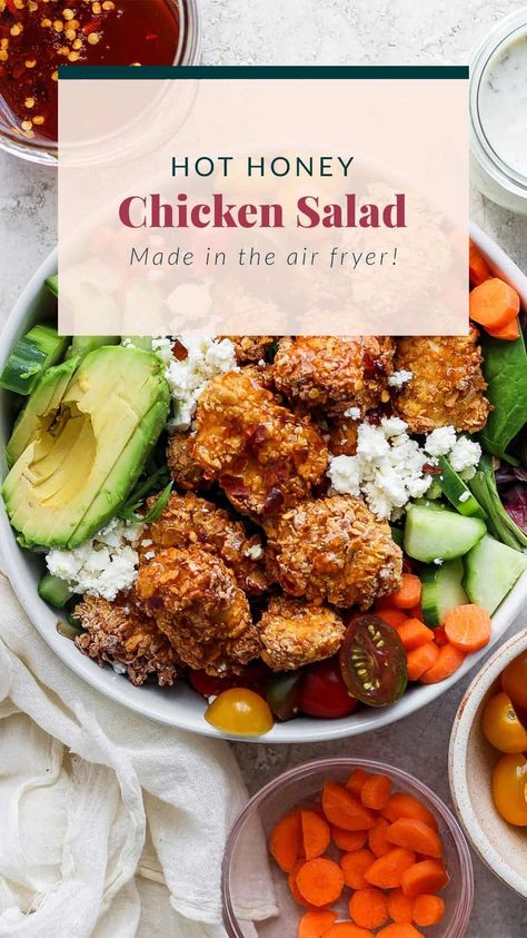 Hot Honey Chicken Salad - Fit Foodie Finds Honey Air Fryer Chicken, Honey Chicken Salad, Homemade Hot Honey, Hot Sauce Chicken, Hot Honey Chicken, Blt Salad, Overnight Oatmeal Recipes, Fit Foodie Finds, Chicken Lunch