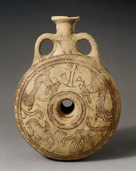 Terracotta lentoid flask - Period: Iron Age,  Date:     11th century B.C.,  Culture:    Levantine, Medium:  Terracotta Coil Pottery, Greek Pottery, Old Pottery, Ancient Pottery, Prehistoric Art, Ceramics Pottery Art, Pottery Sculpture, Ceramics Projects, Antique Ceramics