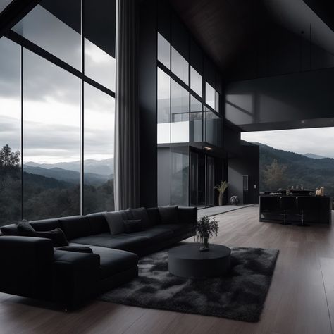 Dark luxury house in the hills Black House Aesthetic Interior, Dark Luxury House, Black House Aesthetic, Black Luxury House, Black Modern House, Modern Black House, Men Aesthetics, House In The Hills, Dark Luxury