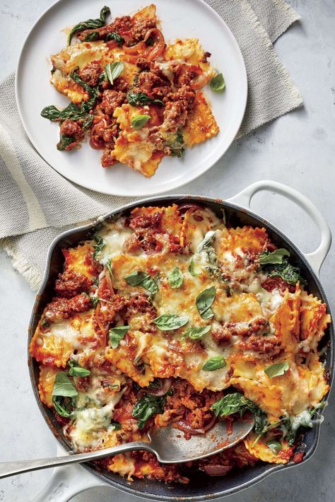 sl-Beefy Baked Ravioli with Spinach and Cheese Ravioli With Spinach, Ham And Noodle Casserole, Baked Ravioli, Southern Living Recipes, Spinach Ravioli, Skillet Lasagna, Ravioli Bake, Main Dish Casseroles, Ground Beef Casserole