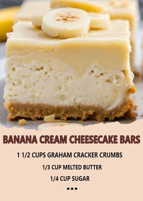 Banana Cheesecake Recipe Easy, Easy Banana Cheesecake, Banana Cheesecake Bars, Creamy Banana Cheesecake, Banana Cream Cheesecake Bars, Banana Cheesecake Recipe, Banana Pudding Cheesecake Bars, Banana Pudding Ice Cream, Sweet Slices