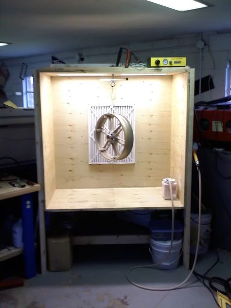 built a spray booth yesterday... $15.00 - Powder Coating Forum | Powder Buy the Pound Spray Booth Diy, Powder Coating Diy, Diy Paint Booth, Officine In Garage, Powder Coating Oven, Spray Paint Booth, Booth Diy, Paint Booth, Spray Booth