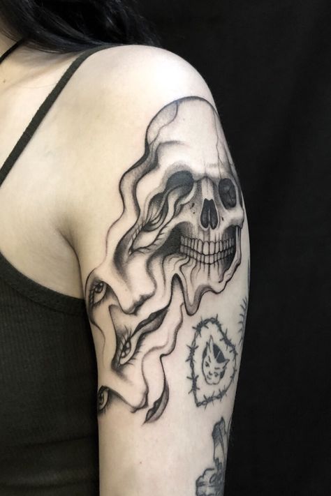 By ADAM VU NOIR | Jul 9th 2018 | 598652 Grunge Half Sleeve Tattoo, Forearm Tattoo Women Grunge, Trippy Shoulder Tattoos, Big Grunge Tattoos, Alternative Tattoo Ideas Grunge, Distorted Face Tattoo, Dark Grunge Tattoos, Unique Grunge Tattoos, Grunge Shoulder Tattoo