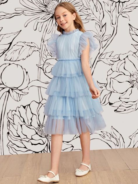 SHEIN Girls Ruffle Armhole Layered Hem Mesh Overlay Dress | SHEIN USA Kids Ruffle Dress, Long Frocks For Kids, Ruffle Layered Dress, Blue Tulle Dress, Flower Girl Dresses Blue, Girls Tulle Dress, Mesh Overlay Dress, Fancy Frocks