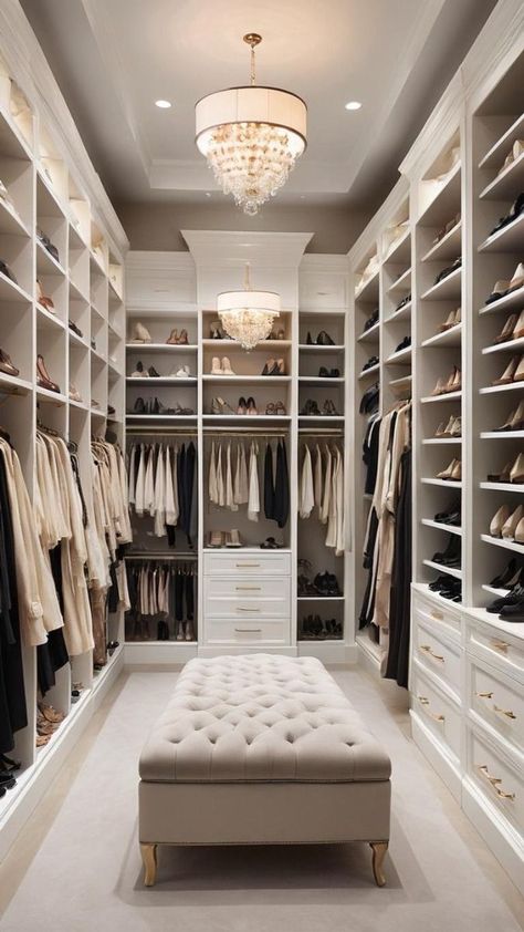 High Ceiling Dressing Room, Walk In Closet With Ottoman, Bespoke Dressing Room, Wedding Dress Closet Display, Her Closet Walk In, Walk In Closet Luxury Modern Master Bedrooms, Closet And Vanity Room Ideas, Luxury Closet Designs Women, Closet For Dresses