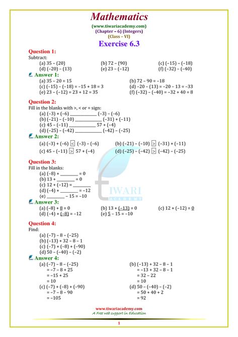 NCERT Solutions for Class 6 Maths Chapter 6 Integers Worksheet For Class 6 Maths, Class 6 Maths Worksheet, Addition Of Integers Worksheet, Class 7 Maths Integers Worksheet, Properties Of Integers Chart, Maths Tips, Class 6 Maths Worksheet Ncert, Subtracting Integers Worksheet, Maths Questions