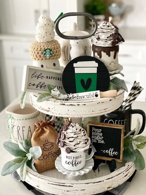 Tiered Tray Decor Coffee Bar, Tiered Coffee Tray, Coffee Tiered Tray Ideas, Coffee Bar Tiered Tray Ideas, Coffee Tiered Tray Decor, Tired Trays, Christmas Signage, Coffee Bar Tiered Tray, Coffee Tiered Tray