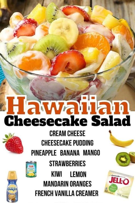 Hawaiian Cheesecake Salad - Tasty Recipes Hawaiian Cheesecake, Summer Potluck Dishes, Hawaiian Dessert, Cheesecake Fruit Salad, Cheesecake Salad, Easy Fruit Salad Recipes, Bbq Appetizers, French Vanilla Creamer, Salad Cream