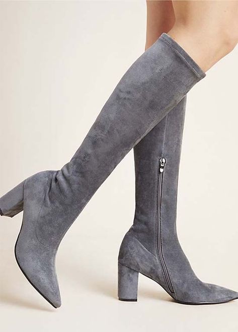 Silent D Comess Knee-High Boots Grey Faux Suede knee high boots women fall 2019 2020 Grey Boots Outfit, Gray Knee High Boots, Black Knee Length Boots, Grey Knee High Boots, Embossed Boots, Knee Boots Outfit, Boots Ideas, Grey Suede Boots, Christian Louboutin Boots