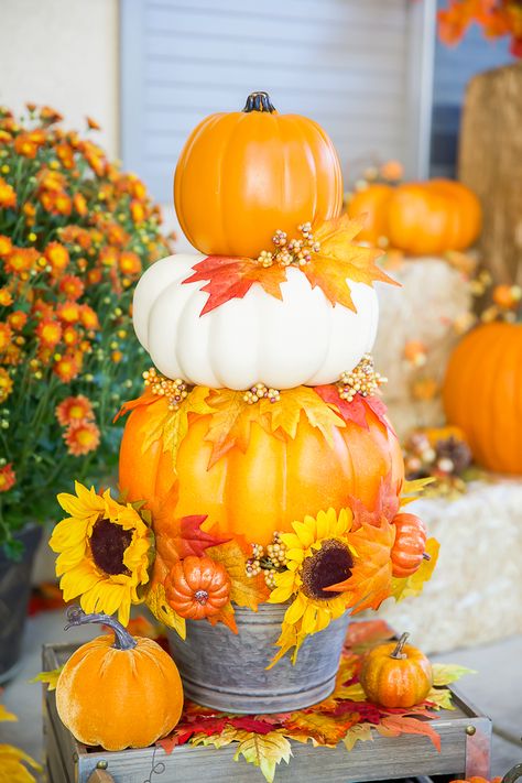 DIY Pumpkin Topiary - how to make a stacked pumpkin topiary with faux pumpkins, fall leaves, and sunflowers. #fall #pumpkin #topiary #DIY #falldecor Diy Stacked Pumpkin Decor, How To Make Stacked Pumpkin Topiary, Diy Pumpkin Stacks, Faux Pumpkin Decor, Diy Stacked Pumpkins, Pumpkin Topiary Diy, Pumpkin Painting Ideas Fall, Pumpkin Topiaries, Fall Topiaries