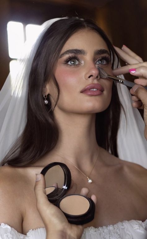 Bride With Dark Hair, Classic Elegant Makeup, Bridal Makeup For Brown Eyes Pale Skin, Bridal Makeup Aesthetic, Taylor Hill Wedding Hair, Wedding Hair Long Waves, Wedding Makeup For Light Skin, Taylor Hill Wedding Makeup, 60s Bridal Makeup