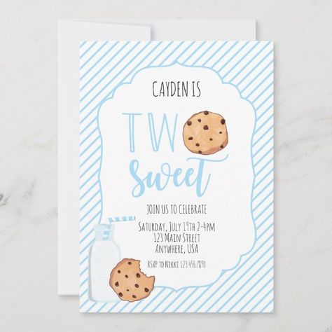 Two Sweet Milk and Cookies blue boy 2nd Birthday Invitation Milk And Cookies Second Birthday, Milk And Cookie Birthday Party, Two Sweet Boy Birthday Party, Cookie Monster 2nd Birthday Girl, Cookie Monster 2nd Birthday Boy, Two Birthday Theme Boy, Two Sweet Party 2nd Birthday, Second Birthday Boy Themes, 2nd Birthday Theme Ideas