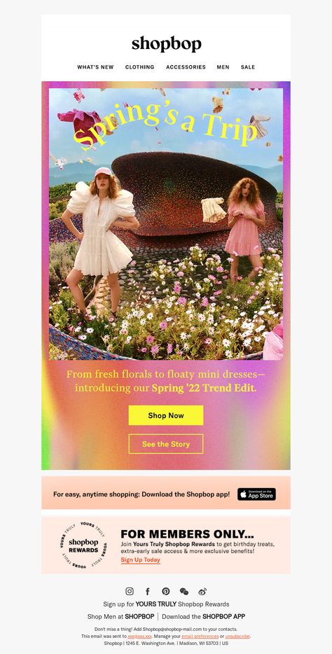 An awesome Animated GIFs email example from Shopbop. View 100+ more email templates and examples and get inspiration for your next email design with MailCharts! #EmailDesign #EmailMarketing #EmailInspiration #AnimatedGIFsEmail Email Marketing Examples, Marketing Examples, Email Examples, Campaign Planning, Birthday Treats, Your Message, Email Design, Email Templates, Email Campaign