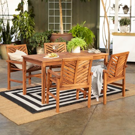 Modern Boho Acacia Wood 5-Pieces Outdoor Dining Set Acacia Wood Furniture, Patio Furniture Dining Set, Walker Edison Furniture, Outdoor Patio Dining, 7 Piece Dining Set, Walker Edison, Wood Patio, Backyard Living, Space Ideas