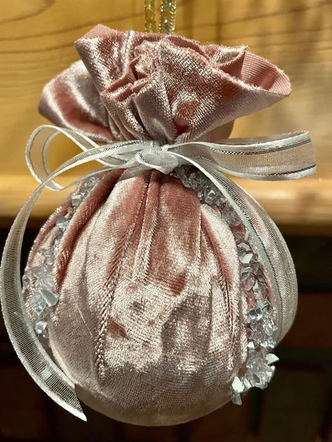 French Christmas, Pink Ornament, Silver Ribbon, Crushed Glass, Mauve Pink, Custom Ornament, Ribbon Bow, Pink Velvet, Crushed Velvet